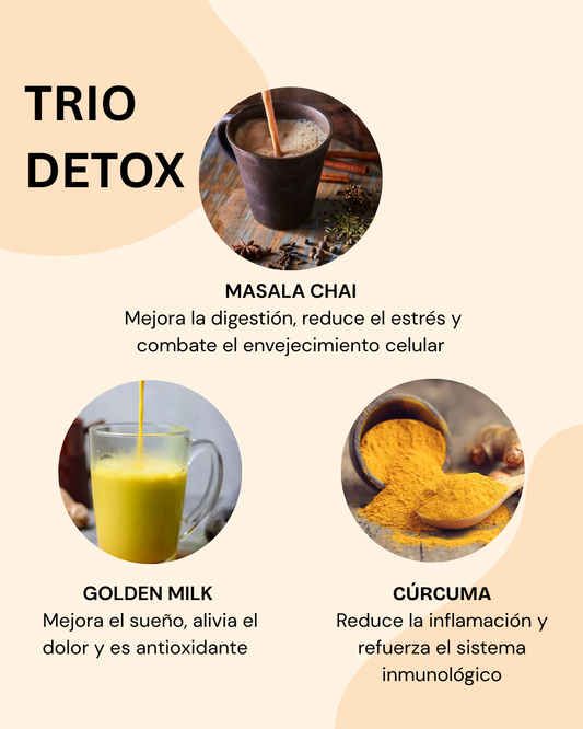 Trío Detox - Golden Milk (2 frascos), Masala Chai y Cúrcuma